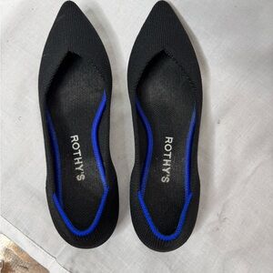 Rothys Women The Point Classic Black Knit Slip On Flats Blue Trim Sz 6